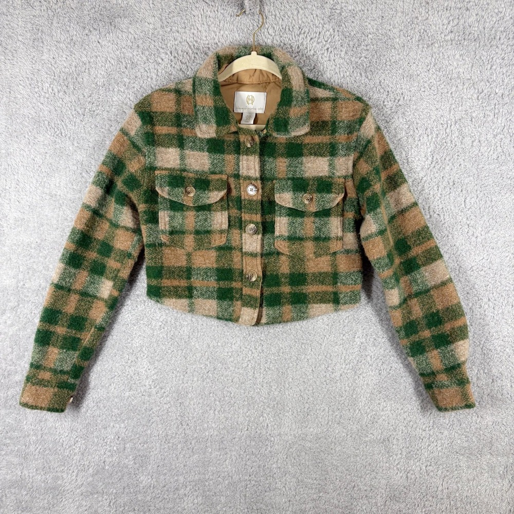 House of Harlow 1960 Plaid Cropped Shirt‎ Jacket Green Tan Size XS Wool Blend